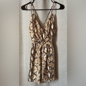 Cals•snake print faux wrap romper•small•polyester•brown/cream•adjustable straps